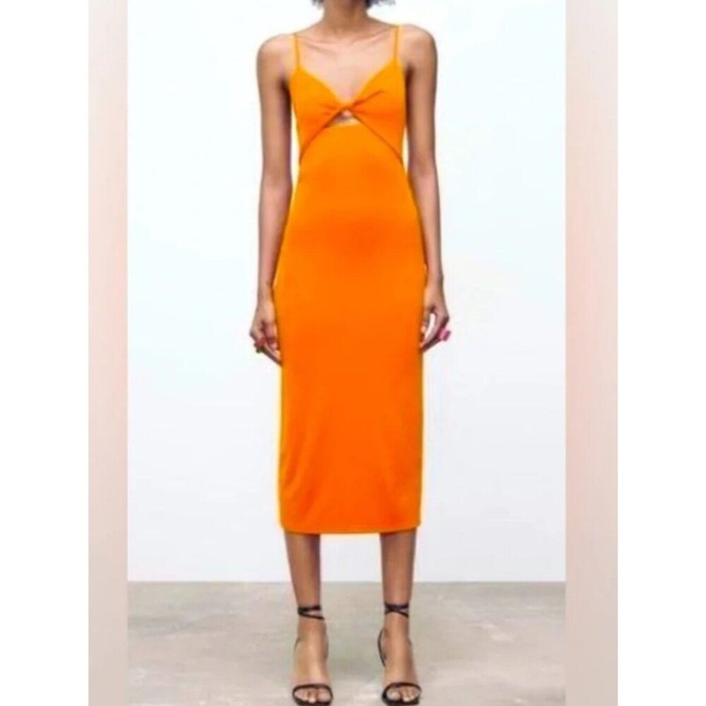 Zara Orange Cutout Midi Dress Size Large Bodycon Sleeveless Knot Front